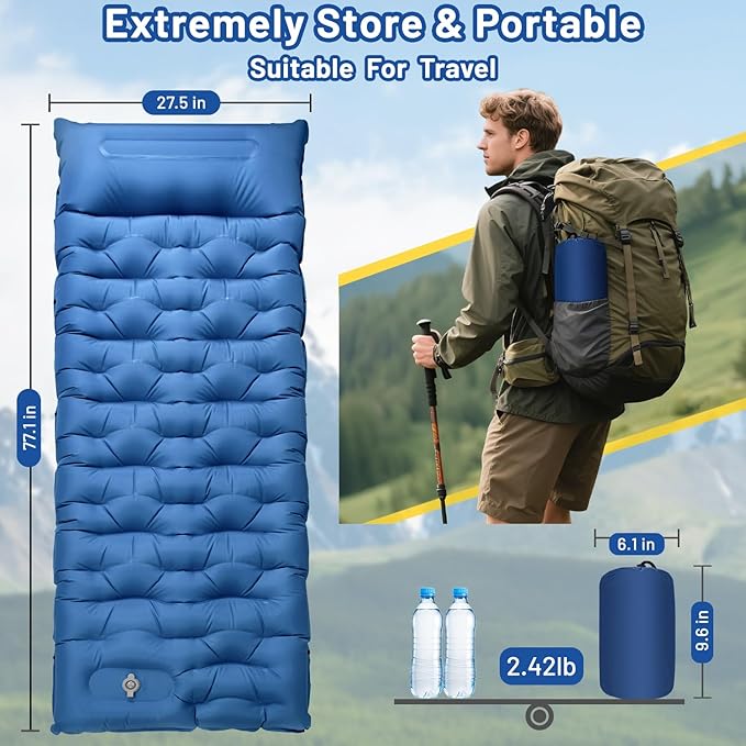 Camping Sleeping Pad, Extra Thick 6 Inch Camping Mat with Pillow Built-in Foot Pump Ultralight Inflatable Sleeping Pads Compact for Hiking Backpacking Camping Traveling Tent, Portable Sleeping Mat