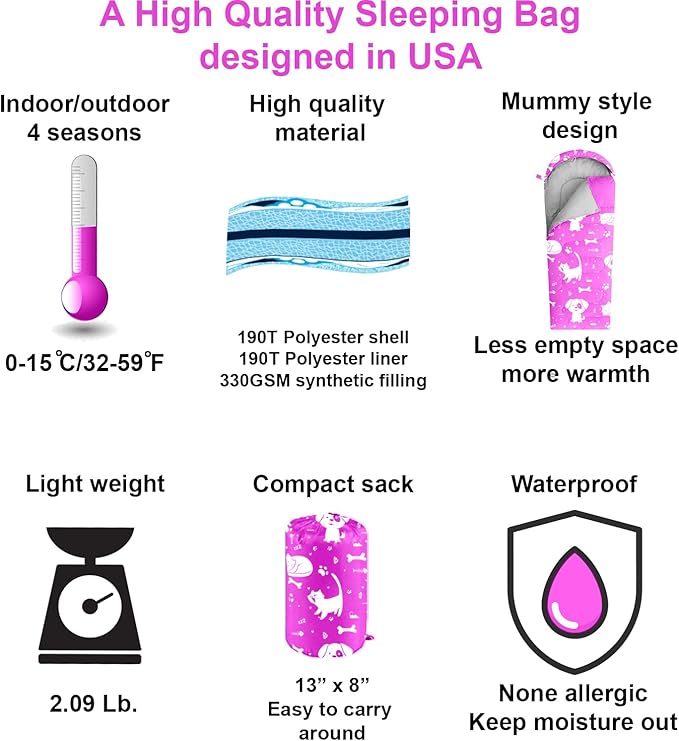 KidzAdventure Mummy Style 32 – 59F Kids Sleeping Bag with Pillow Sleeve, 4 Season, Lightweight and Backpacking Style, Ideal for Camping, Sleepover, Boys, Girls, and Youth