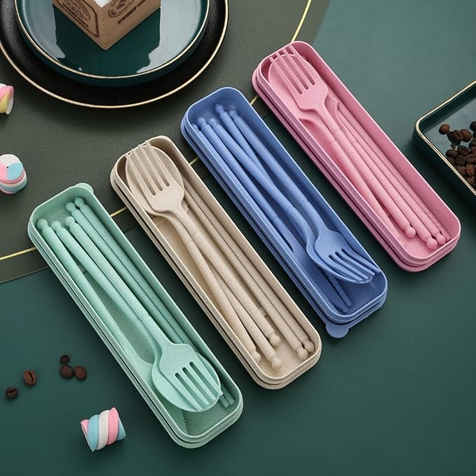 8-Color Wheat Straw Portable Utensil Set with Case – Reusable Travel Cutlery Set for Camping, Office, Picnic – Includes Spoon, Fork, Knife, Chopsticks