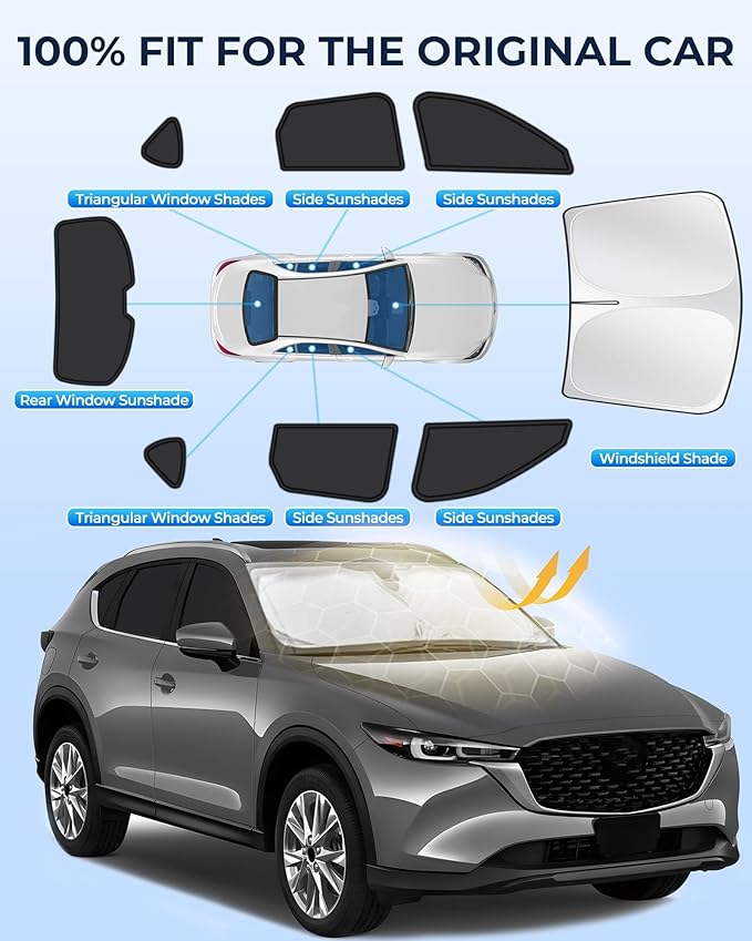 for Mazda CX-5 2017-2025 Car Window Shades, 8pcs Privacy Sun Shade Set for Front Windshield Side and Rear Windows, Full Window Covers Keeps Vehicle Cool for Camping Napping