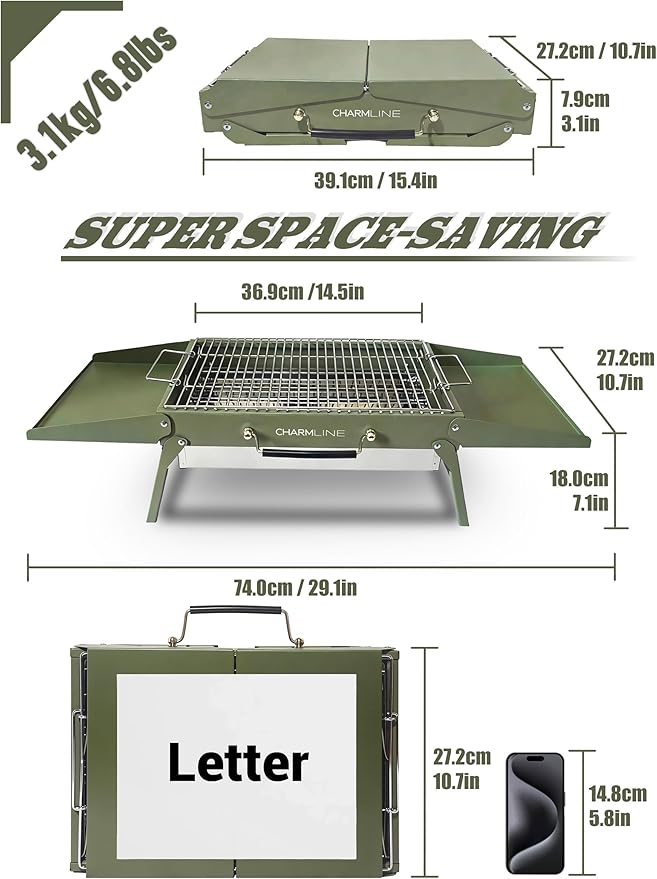 Charmline 15 x 11 inches Portable Charcoal BBQ Grill, Foldable Compact Camping Barbecue for 2–4 People, Ideal for Garden, Beach, Picnic & Tabletop Use, Green