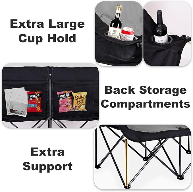 Bolosy 2 Person Camping Chair Camping Loveseat Oversized Double Folding Camping Chair Heavy Duty Two Person Camp Chair Love Seat Dou Chairs Sport Lawn Chair for Adults - Support 650 lbs - Black