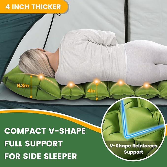 Double Sleeping Pad - Ultralight 4" Camp Mat with Integrated Foot Pump & Pillow for Effortless Camping, Backpacking & Travel, Comfort Camping Essentials