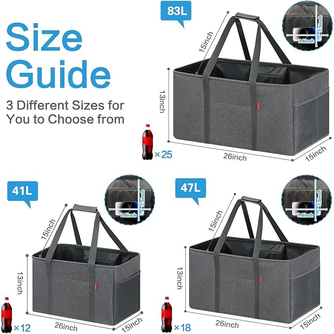 LHZK Standing Extra Large Utility Tote Bag with Metal Wire Frame and the Sides Rinforced, Extra Large Tote Bag with Handle, Reusable Grocery Bags Foldable, Beach Bag, Car Tote (Grey) | Metal Wire Frame
