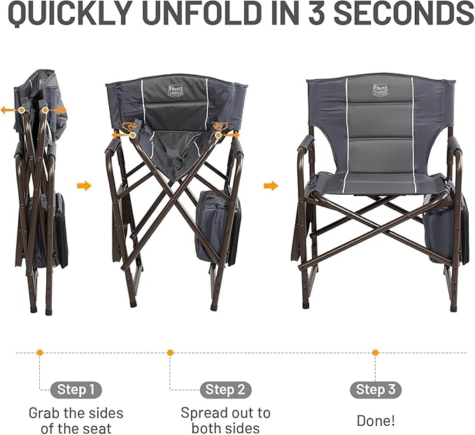Timber Ridge Folding Camping Chair with Cooler Bag, Director Chair Foldable with Side Table for Adults, Camp Chairs for Outdoor, Lawn, Sports, Fishing, Heavy Duty Supports 300lbs, Grey-2 Pack