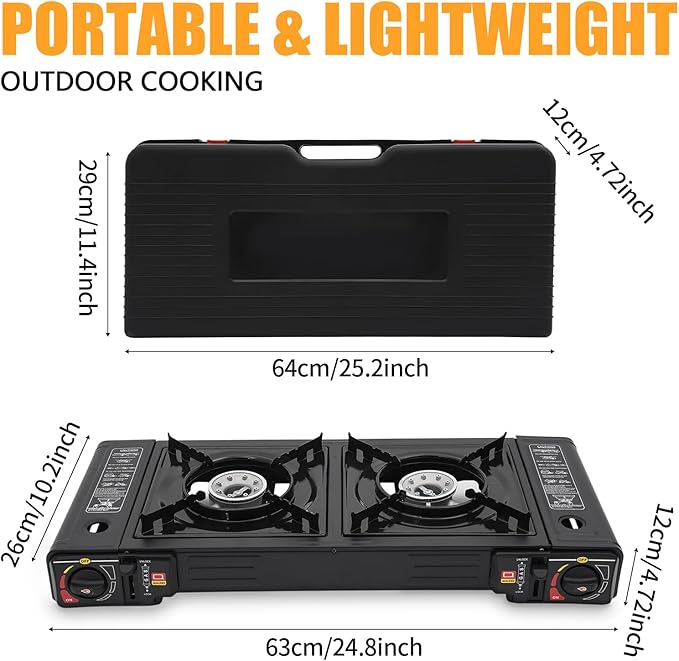 Portable Camping Stove｜24,000 BTU Dual Burner Gas Grill w/Removable Case｜Compact 24.8" Outdoor Cooker for RV Tailgating｜Stainless Steel 2-Burner Propane Stove