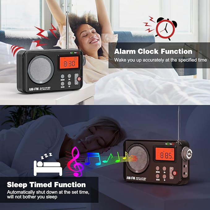 Goodes Portable AM FM Radio, Transistor Radio with Large Display, Alarm Clock, Sleep Timer and Headphone Jack, 4AA Battery Operated or Plug in Wall, for Home, Outdoor, Emergency