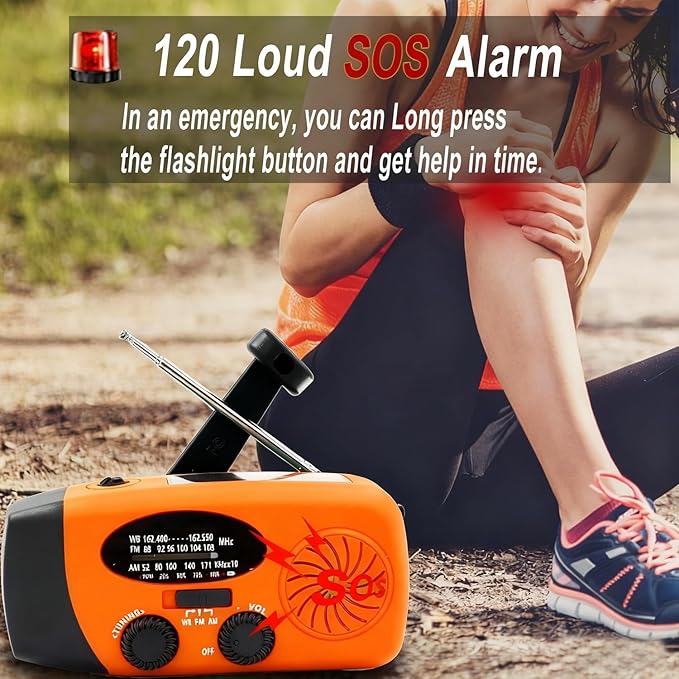 Emergency Weather Radio, 2000mAh Solar Hand Crank Portable AM/FM NOAA Radio, Battery Powered with Cell Phone Charger, LED Flashlight, SOS Alarm for Camping & Home Emergencies (Orange)