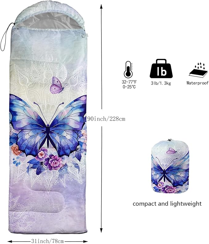 QOOMO Axolotl Cute Camping Sleeping Bags,3 Season Warm & Cool Weather,Lightweight,Waterproof Sleeping Bags for Adults & Kids,Traveling,and Outdoors