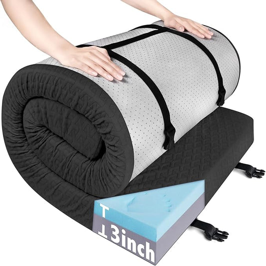 Memory Foam Camping Mattress Pad 3 Inch Thick, Portable Sleeping Pad with Waterproof Cover, Portable Roll Up Cot Mattress Pad Floor Mat for Travel Truck Bed Tent 72" x 24"x 3"