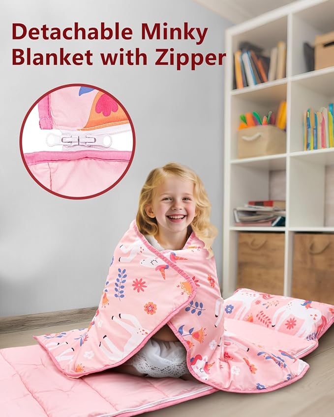 Primlect Toddler Nap Mat with Detachable Blanket and Removable Pillow, Kids Sleeping Bag 55''x35'' for Daycare Preschool Kindergarten, Toddler Sleeping Mat for Boys and Girls