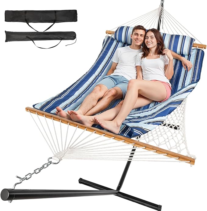 Everyfun 2 Person Outdoor Hammock with Stand, Cotton Rope Hammock with Polyester Pad, Adjustable Steel Frame, Portable with Carrying Bag – for Patio, Backyard, Garden, Beach, Blue