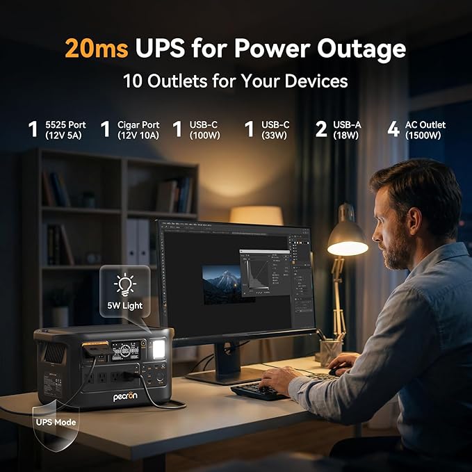 PECRON F1000LFP Portable Power Station with 2 x 200W Solar Panels, 1500W, 1004Wh LiFePO4 Battery Solar Generator, UPS, Fast Charging, Perfect Power Backup for Camping, Home Use, RV