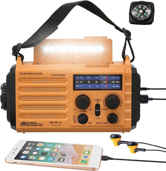 NOAA Weather Radio AM/FM/Shortwave, 5 Way Powered Emergency Radio 5000mAh/18500mWh Battery Backup Solar Crank, Portable Phone Charger with LED Flashlight, Reading Lamp and SOS Alarm for Survival