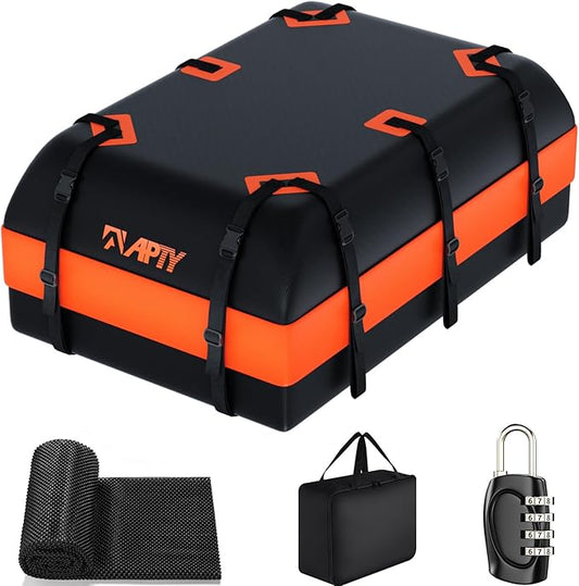 APTY 23 Cubic Feet Car Rooftop Cargo Bag Carrier, Soft Roof Top Luggage Bag for All Vechicles with/Without Racks - with Waterproof Zip, Luggage Lock, Anti-Slip Mat, Storage Bag, Door Hooks