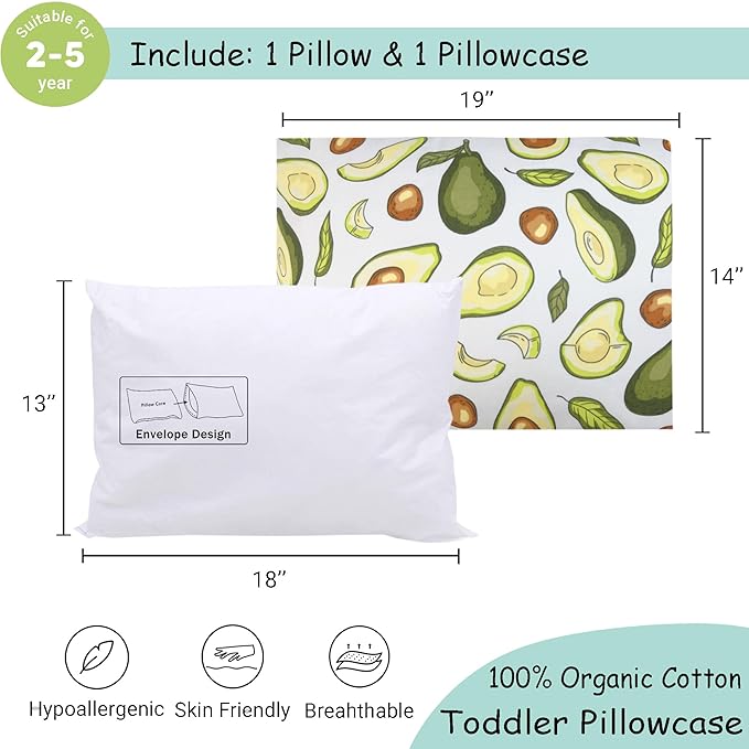 ZPECC Toddler Pillow with Pillowcase - 13x18 Organic Cotton Small Kids Pillow, Soft Breathable Bed Pillows for Sleeping Travel School Nap(Intended for Age 2 and up) Avocado