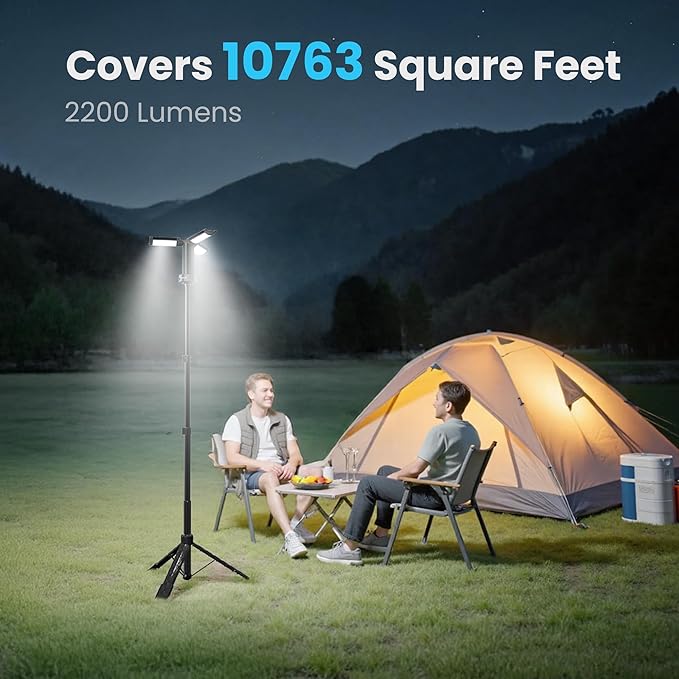 CAVN Rechargeable Camping Lights with Remote & Detachable Tripod Max Height 6.0 ft, Portable Work Light with 3 LED Lamp Heads, Camping Essentials Gear Emergency Flashlight with Hook, Black