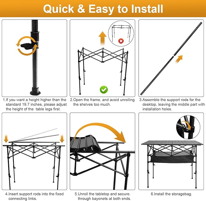 Folding Camping Table, Outdoor Roll-up Table Height Adjustable & Portable Metal Camp Grill Table for Picnic, BBQ, Party, Backyard, Beach, Mesh Storage and Carry Bag (Ash Black, 47.24'' X-Large)