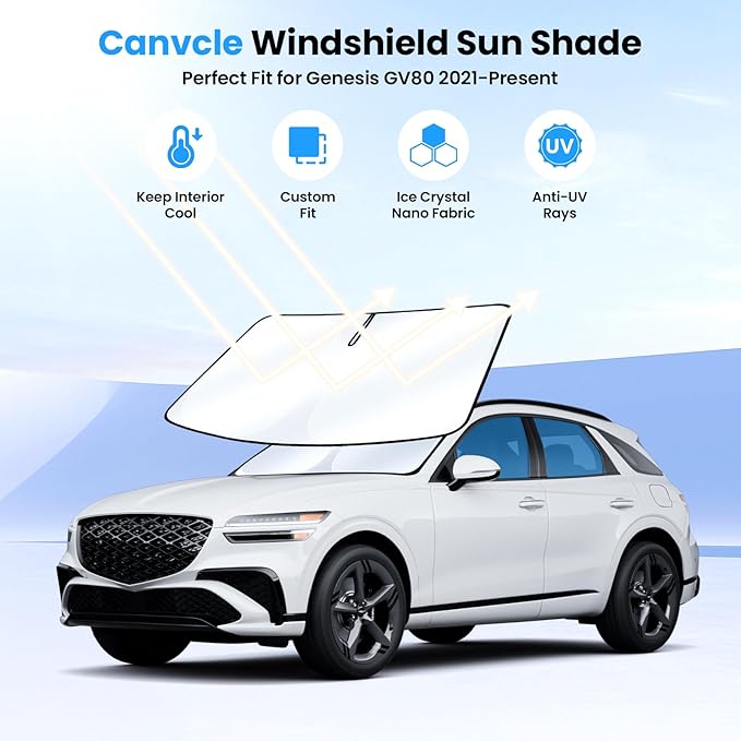 Canvcle Windshield Sun Shade for 2021-2025 2026 Genesis GV80 Accessories Thicken 6-Layer Front Window Sunshade Cover Sun Visor Protector Foldable Block UV Rays Keep Vehicle Cool
