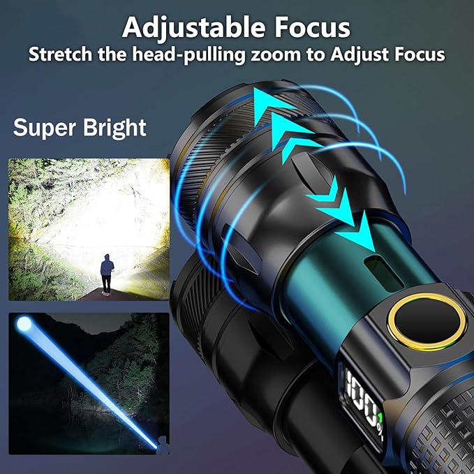 Gotellx Rechargeable LED Flashlights with Digital Power Display, Zoomable High Lumens Bright EDC Flashlight with USB C Charging Port for Home and Outdoor Emergency, Camping Essentials, Survival Gear