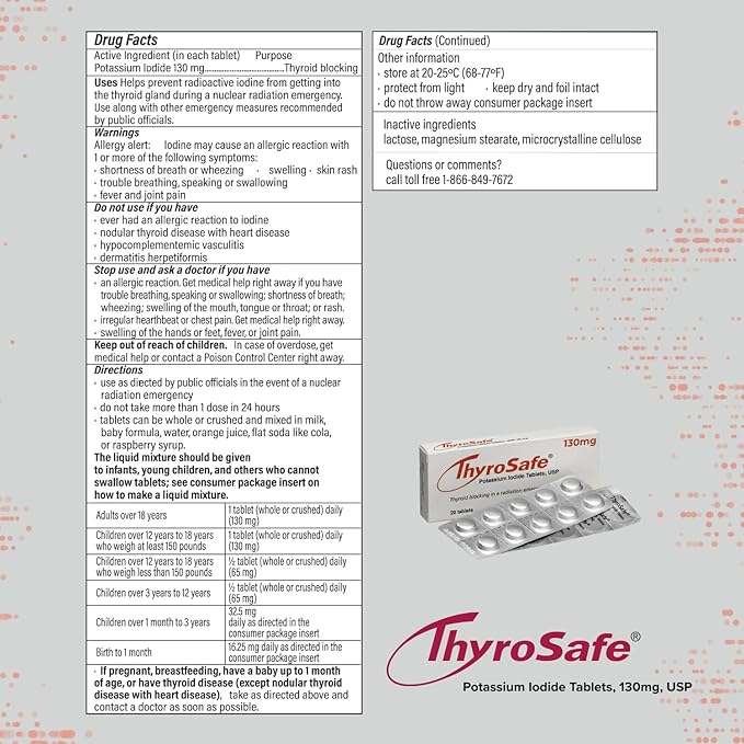 ThyroSafe Potassium Iodide 130mg Tablets (KI Pills) - Iodine for Radiation Emergency Protection | Nuclear Fallout Survival Gear and Emergency Supplies for Prepper Kits | 20 Count