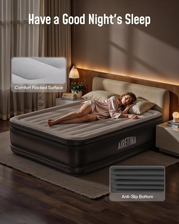Airefina Queen Air Mattress with Built in Pump, Upgraded Surface Inflatable Mattress for Home Guest Temporary Use, Comfort Blow Up Air Mattress Queen with Carry Bag Colchones Inflables, 700 lbs Max