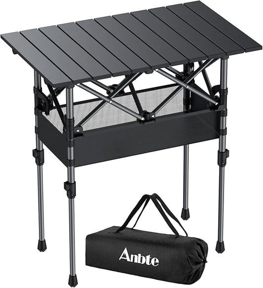 Anbte 2ft Small Roll Up Camping Table, 2 Adjustable Height Aluminum Portable Camping Table with Storage Net & Bag, Lightweight Waterproof Folding Table for Indoor Outdoor BBQ Picnic, 25” X 16”, Black