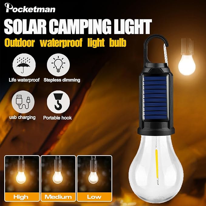 Solar Camp Tent Lights, Rechargeable Hooked Light 3 Light Modes Portable Solar Camping Lantern for Hiking, Party, Camping, Fishing Emergency