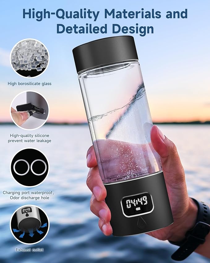 340ml Portable Hydrogen Water Bottle Generator with PEM-SPE Technology, Glass Exterior & Aluminum Shell, Produces 5000 ppb Hydrogen in 10 Minutes, for Home, Gym, Office & Travel