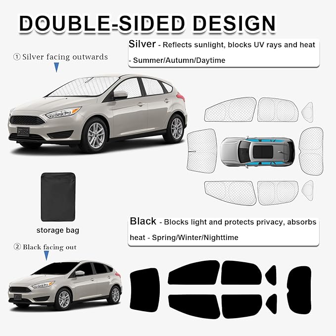KMF 8pcs Thicken Sun Shade for Ford Focus Hatchback 2014-2018 Accessories, Custom Fit Full Car Window Covers Sunshade for Windshield Side, UV Block and Privacy Blackout for Camping Outdoor
