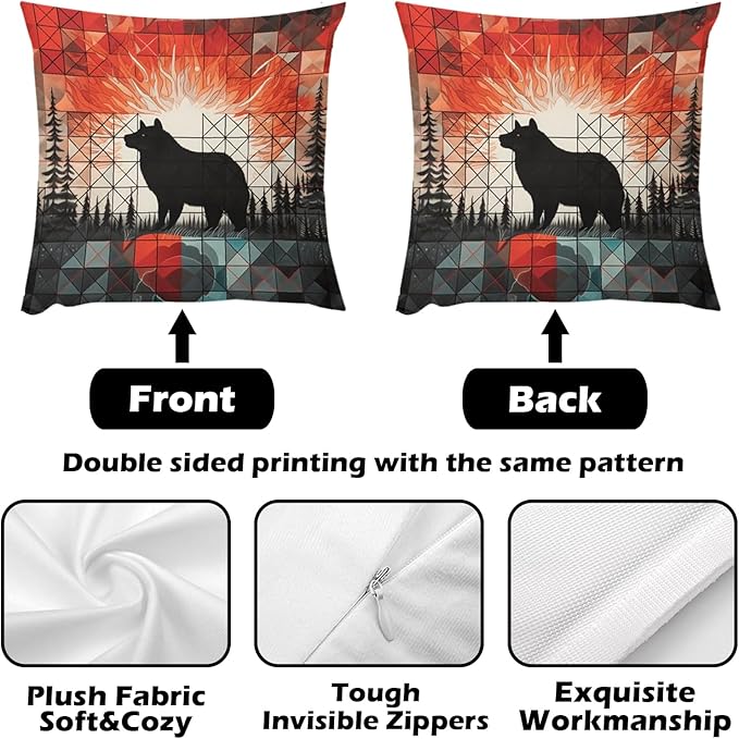 ITFRO Set of 2 Birthday Gift Nature Wildlife Bear Deer Forest Bonfire Pine Tree Short Plush Both Sides Square Retro Geometry Throw Pillow Cover Cushion Case Farmhouse Sofa Decor 18x18 Inches (Bear)