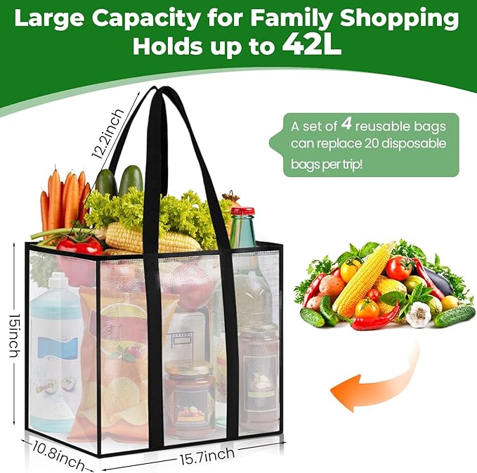 4 Pack Reusable Grocery Bags, Heavy-Duty Shopping Bags with Sturdy Handles, Water-Resistant & Foldable Organizer, Shopping Bags for Groceries, Market, Car Trunk, Multi-Purpose, 42L
