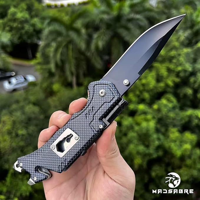 MADSABRE Multitool Pocket Knife with Clip and Case, 8-in-1 Folding Knives with Glass Breaker, Bottle Opener, Wrench, EDC Multitool Knife for Camping, Survival, Gifts for Men