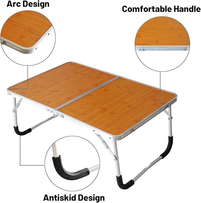 Jucaifu Foldable Laptop Table, Bed Desk, Breakfast Serving Bed Tray, Portable Mini Picnic Table & Ultra Lightweight, Folds in Half with Inner Storage Space (Bamboo Wood Grain)