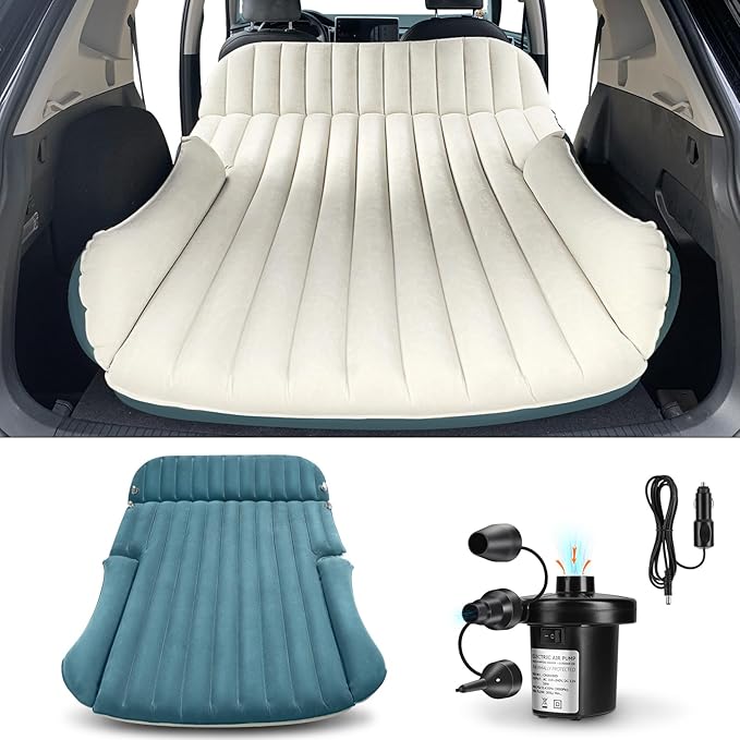 Ciremiv SUV Air Mattress with Double-Sided-Thick Flocked,Car Mattress with Pillow & Pump,Leakproof Durable Car Air Mattress,for Auto Camping, Road Trip,Double-Sided Flocking(Blue and White)