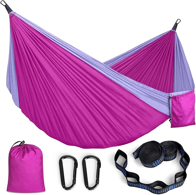 MOSFiATA Camping Hammock, Heavy Duty up to 700lbs with 2 Tree Straps and Attached Carry Bag Portable Outdoor Hammock for Backpacking Hiking Travel,Beach (Pink Purple)