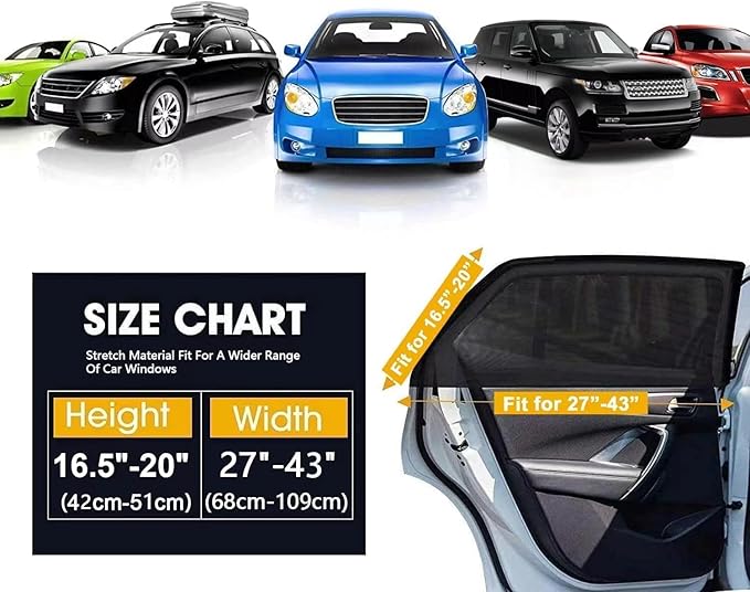 Upgraded Car Rear Side Window Shades, Breathable Stretchable Window Covers Screens for Camping, UV Protection, Block Sun Glare,Privacy Protection,Fit for 97% of Cars -2 Pack