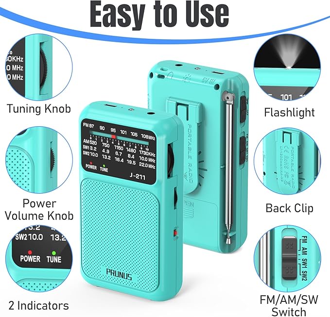 PRUNUS J-211 Portable Radio AM FM with USB Charging and AA Battery Operated, Transistor Radio, Strong Reception& Clear Speaker, Headphone Jack, Back Clip, Lanyard, Small radios Portable AM FM