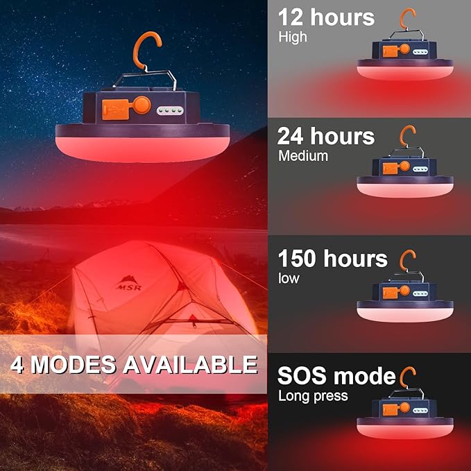 2025 Red Light Insect-Proof Camping Lamp10000mAh Rechargeable 3000LM Tent Camping Light, 6500K 24Hours Long Play Time , Outdoor Night Market Night Fishing Lantern (red（Remote）)