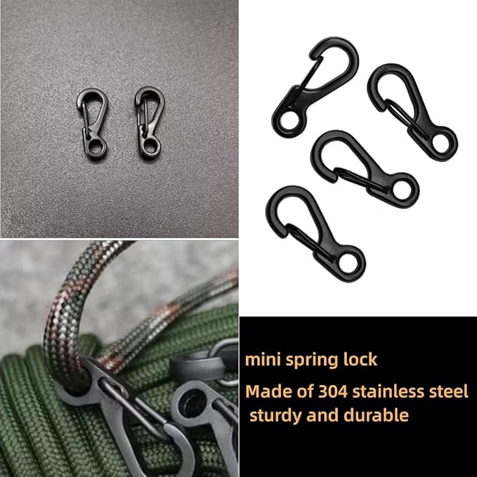 Stainless steelMini SF Carabiner Clips Tiny Spring Snap Hook Keychain Clasps EDC Small Hanging Buckle for Backpack Camping Bottle Using Accessories Paracord Tactical Survival Gear（4-PCS ）