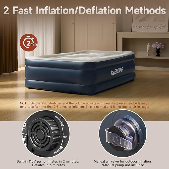 CHERIMOR Twin Air Mattress with Built in Pump, 18 Raised Thick Inflatable Bed, 440lb Comfort Support, Inflatable Blow Up Mattress with Carry Bag for Camping, Fast Self-Inflating Air Bed for Guest&Home