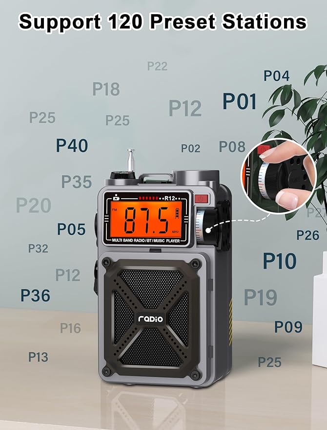 Digital Shortwave Radio with Bluetooth 5.4,AM/FM/SW with NOAA Weather Alert, 4000mAh Emergency Radio Hand Crank Solar,5W Speaker/SOS/Flashlight/Support SD Card USB MP3 Player for Emergency