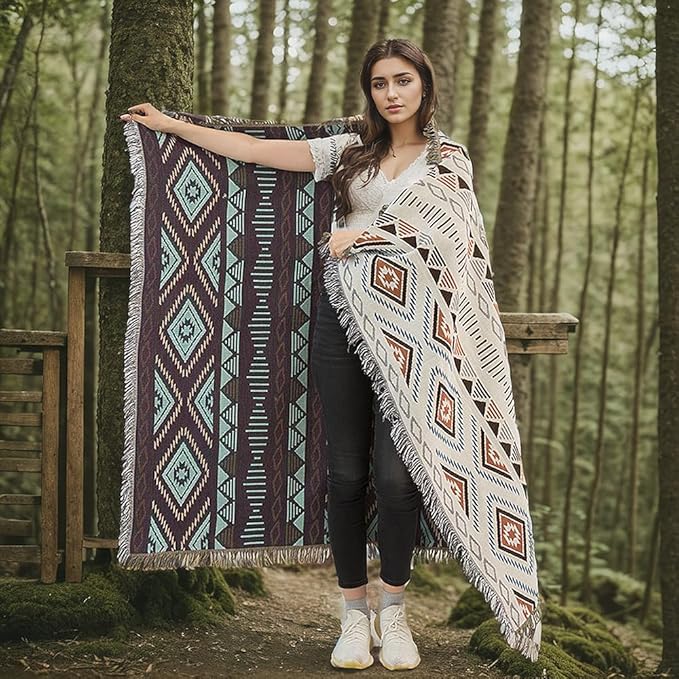 Lqprom Boho Throw Blankets Knit Bed Blankets with Tassel Aztec Western Throws Cover Christmas Decor for All Season Sofa Couch Chair Outdoor Camping Picnic Tent Beach Car Traveling 51"x63"