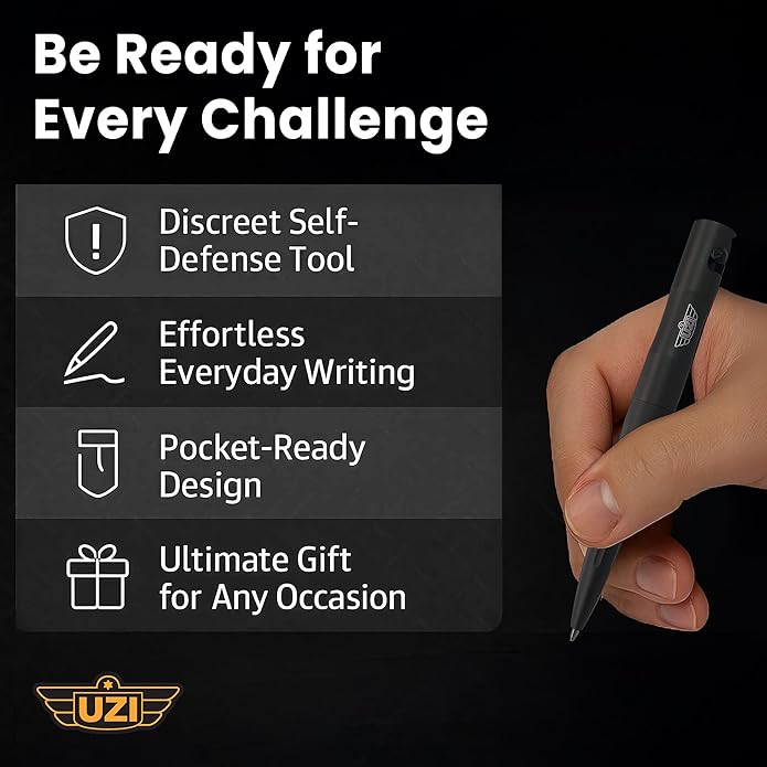 UZI Tactical (UZI-TACPEN2-BK) Aircraft Aluminum Multitool Pen | Self Survival Gear, Window Breaker, Real Ballpoint, Military and Police EDC Pen | Great Gift for Men | Unique Pens | Black