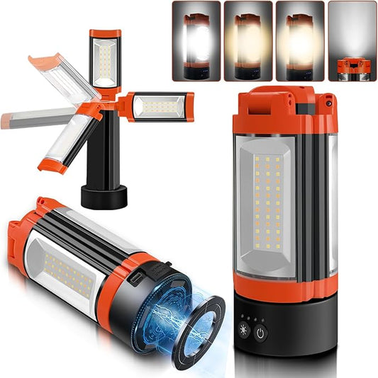 Rechargeable 10000mAh Camping Light, Cordless Work Light with 3 LED Lamp Heads, 2200 Lumens Dimmable Magnetic Emergency Flashlight, Orange