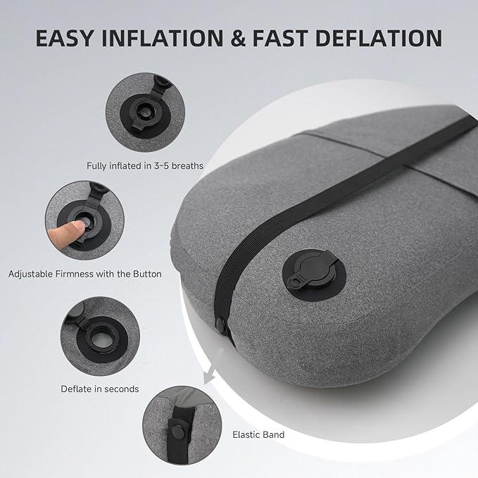 AIRSPIRIT Ultralight Camping Pillow Inflatable with Removable Washable Cover, Compact Travel Pillow for Neck Support, Hiking, Backpacking, Office, Airplane, Car & Beach - Adjustable Firmness (Grey)