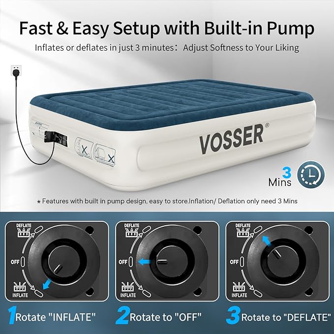 VOSSER Queen Air Mattress with Built-in Pump,Fast & Easy Inflation/Deflation Inflatable Mattress, Foldable Blow Up Mattress with Storage Bag, Inflatable Bed for Home, Camping & Guests