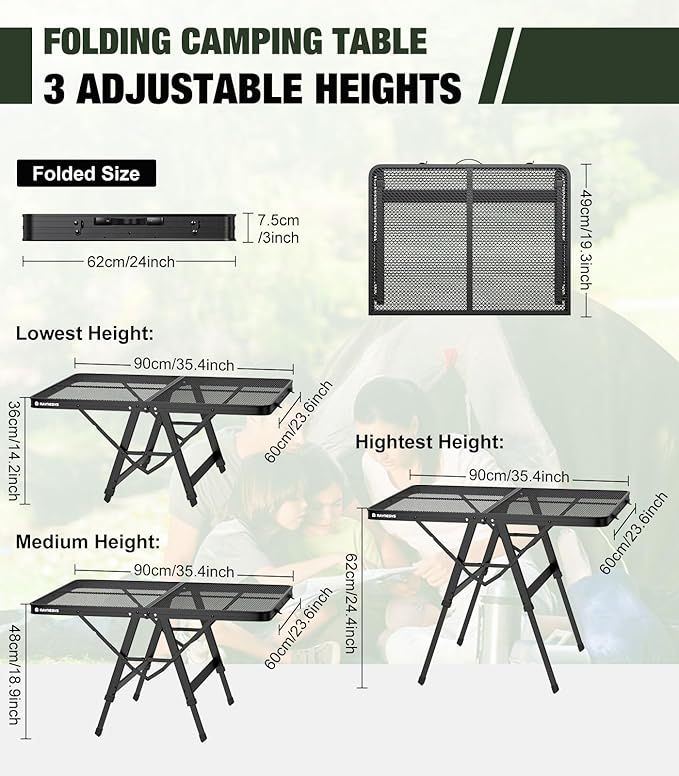 Raynesys Foldable Grill Table with Mesh Desktop, 200lbs 3Ft Portable Folding Table, Height Adjustable Metal Table for Ourdoor, Camping, Picnic, BBQ and Beach, RV, 35.4" L x 23.6" W