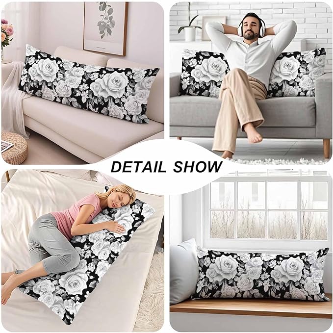 Rose Body Pillow Pillowcase Farmhouse Body Pillow Cushion Covers Floral Peony Roses Black White, 20x54 Inch Bedding Pillow Protectors Large Pillow Cases for Home Couch Sofa