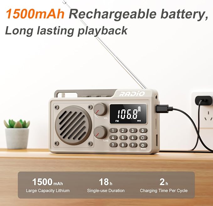 Portable Radio AM FM 1500mAh Rechargeable with Best Reception, Transistor shortwave Radio Wireless Bluetooth Speaker, with Large LCD Screen, Support TF Card U Disk, Earphone, Sleep Timer(Khaki)